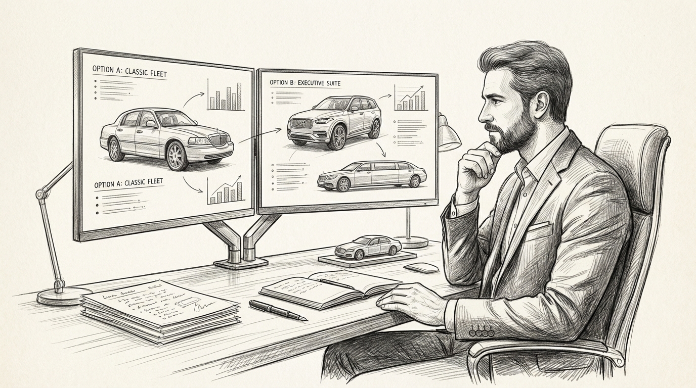 business professional analyzing comparison options on dual monitors, thoughtful expression, organized desk with notes