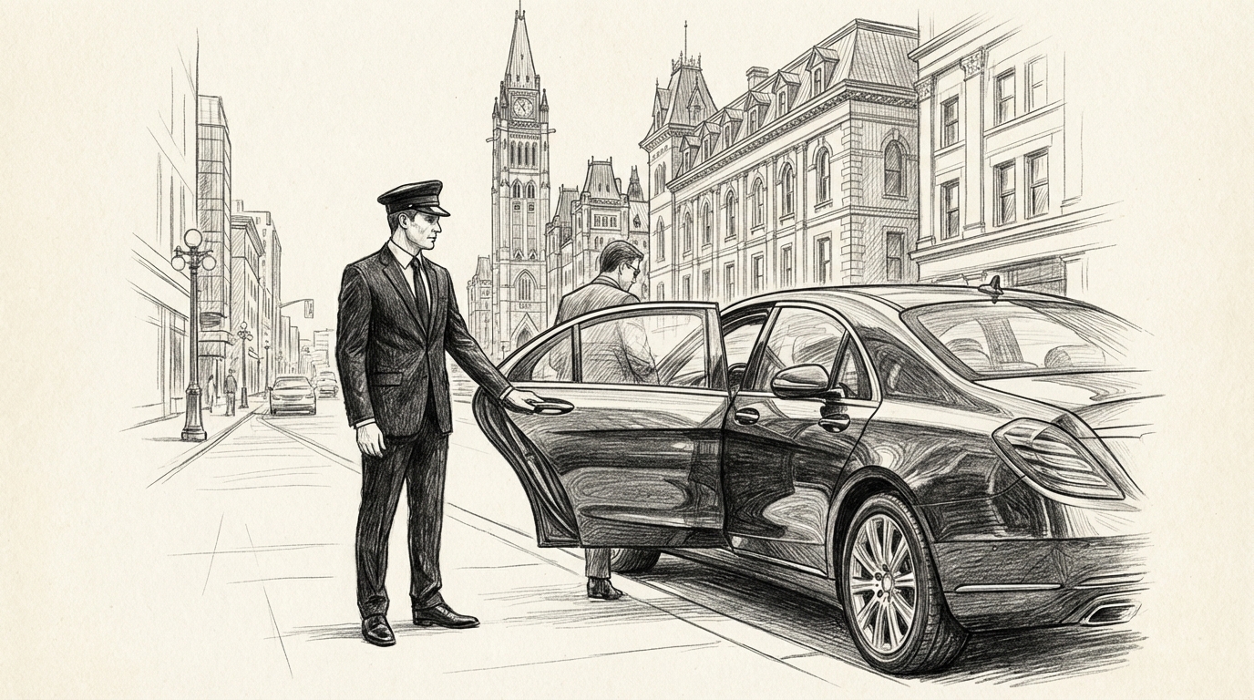 Professional chauffeur in a sharp black suit holding open the rear door of a gleaming black luxury sedan for a client in downtown Ottawa