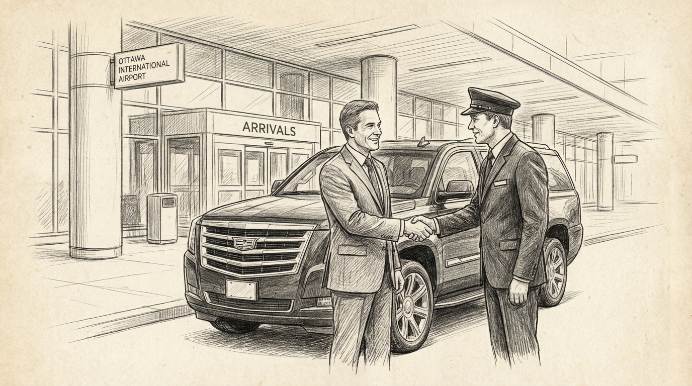 A client smiling and shaking hands with a uniformed chauffeur in front of a luxury SUV at the Ottawa International Airport arrivals area