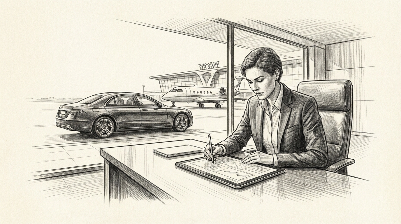 professional working on 2. Airport Transfers: YOW to Y in Luxury Transportation Service context, modern workspace, engaged and productive