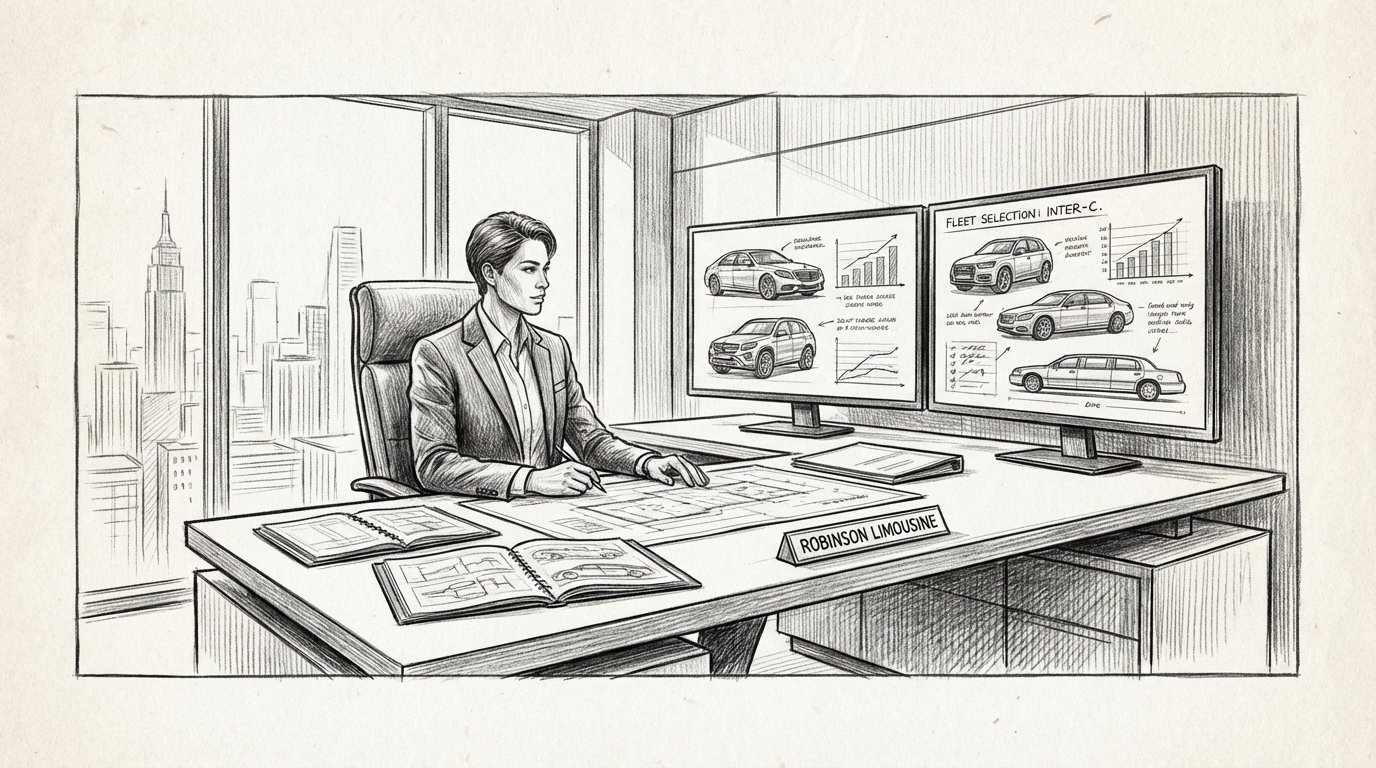 professional working on 3. Fleet Selection for Inter-C in Luxury Transportation Service context, modern workspace, engaged and productive