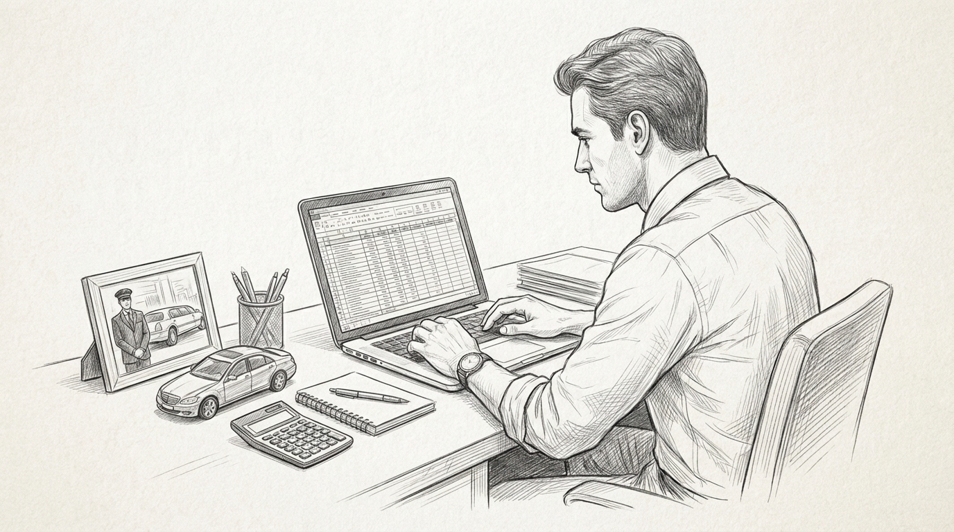 professional reviewing financial data on laptop with calculator nearby, organized desk, focused on budget spreadsheet