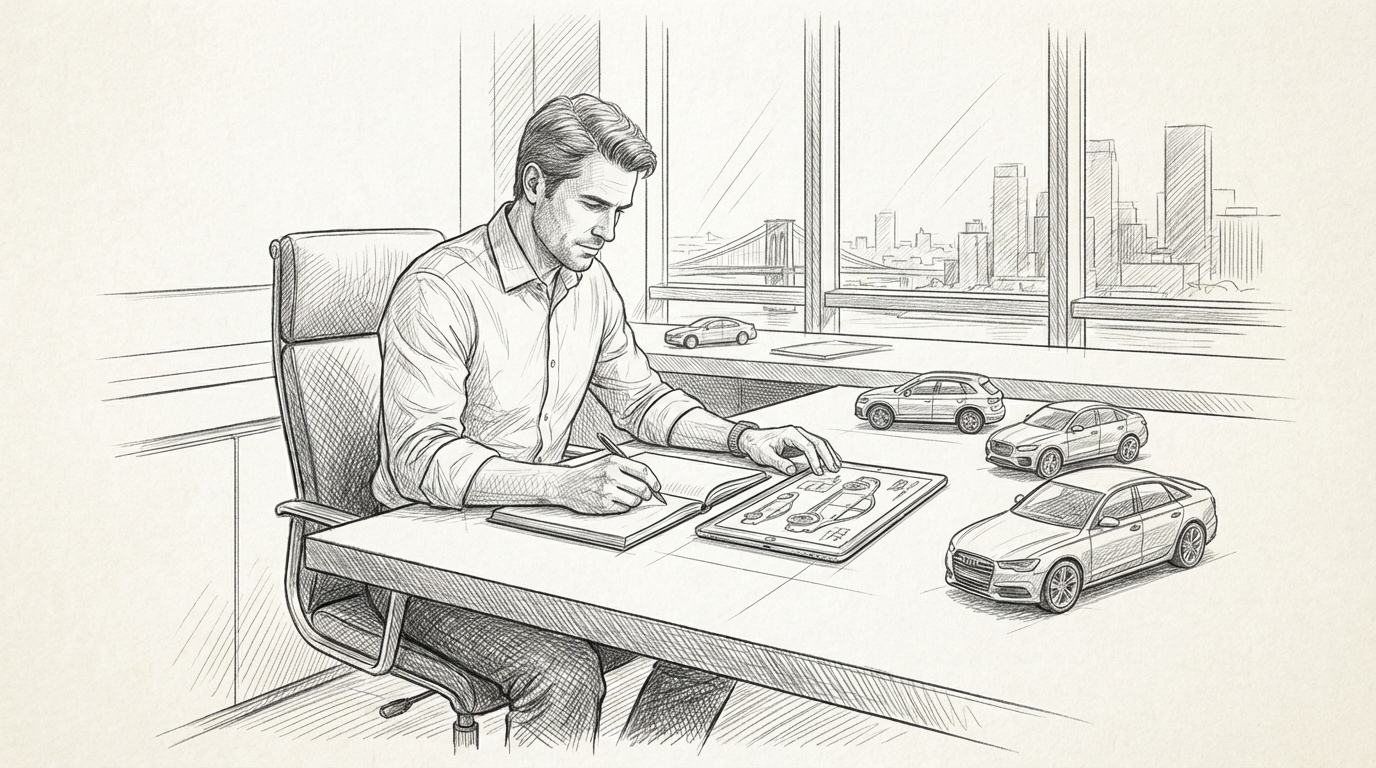 professional working on 2. Decoding the Fleet: Which V in Luxury Transportation Service context, modern workspace, engaged and productive