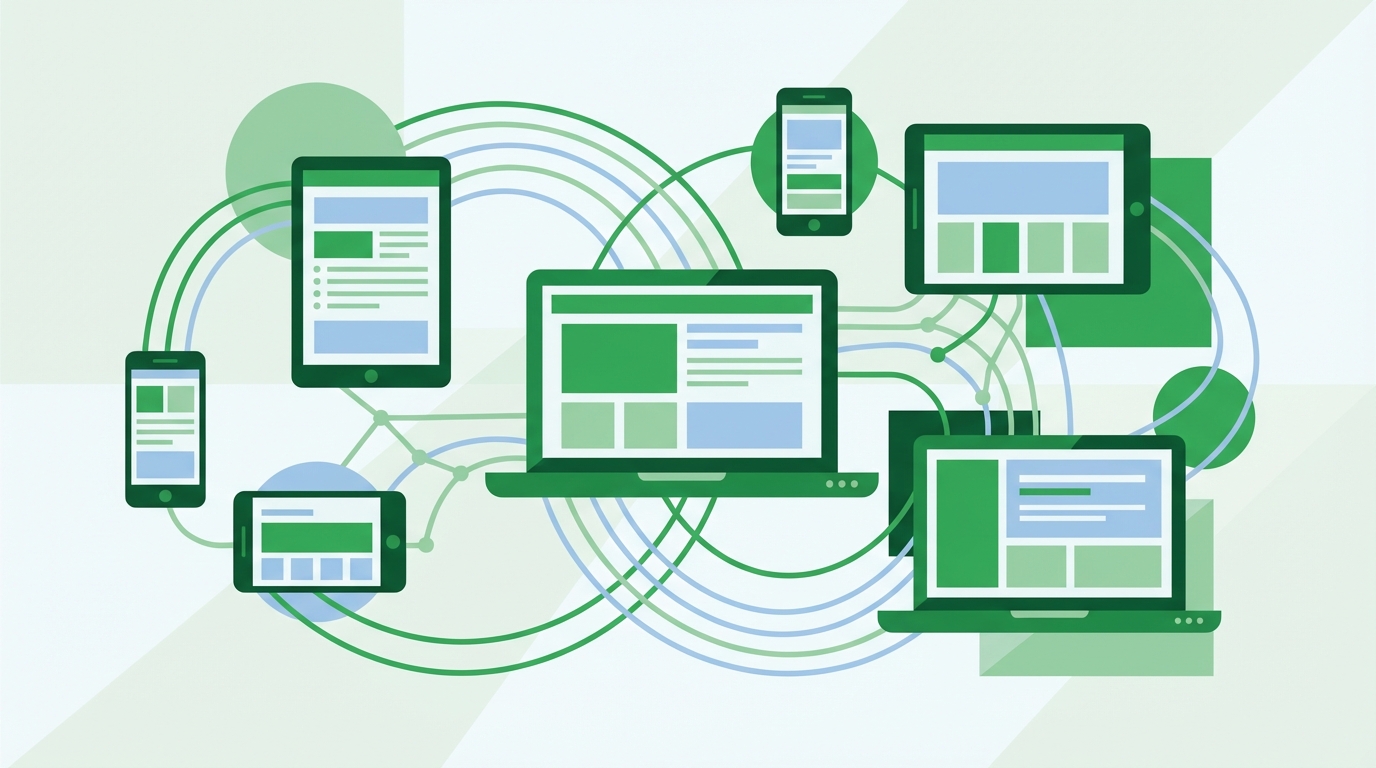 A vibrant, abstract illustration showing interconnected digital devices (laptops, smartphones, tablets) displaying various ad formats, with lines flowing between them representing data and communication.