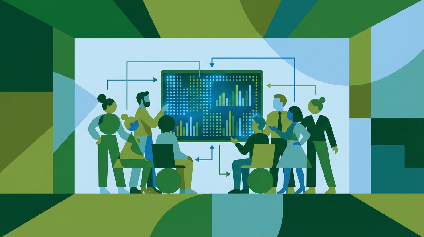 A diverse group of marketing professionals collaborating around a large monitor displaying various digital marketing metrics and graphs.