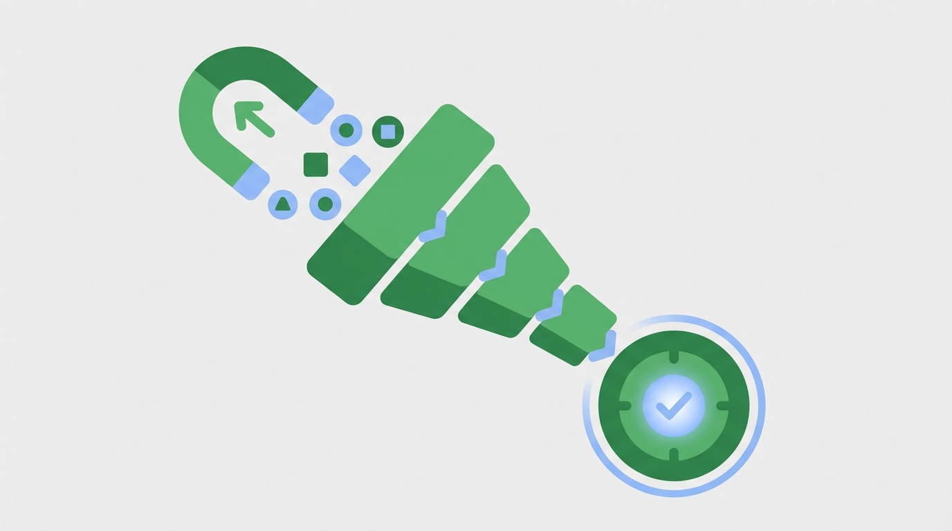 A graphic illustrating the flow of an email marketing funnel, from list building to conversion.