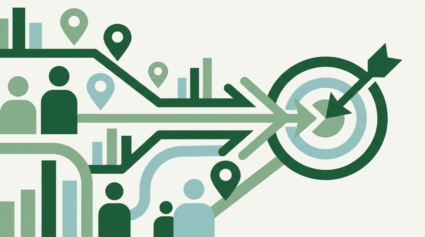 A visual representation of various demographic data points converging to form a target audience profile.